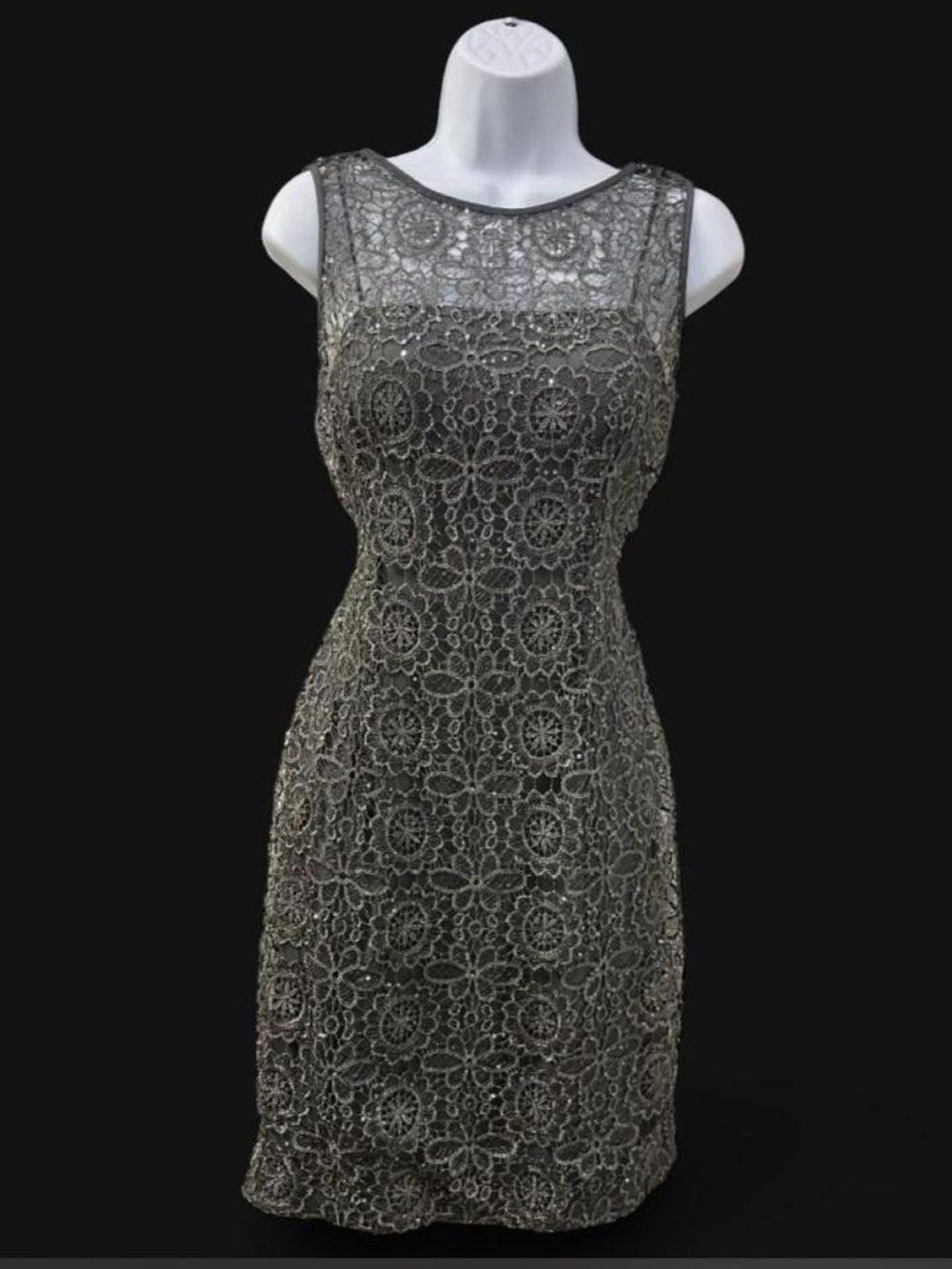 Adrianna Papell Silver Lace Sheath Cocktail Dress